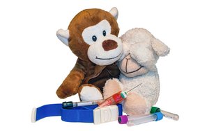 Spielzeugaffe und Kuscheltier mit Material für eine Blutentnahme