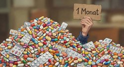 KI-Bild mit Medikamenten und Schild „1 Monat“